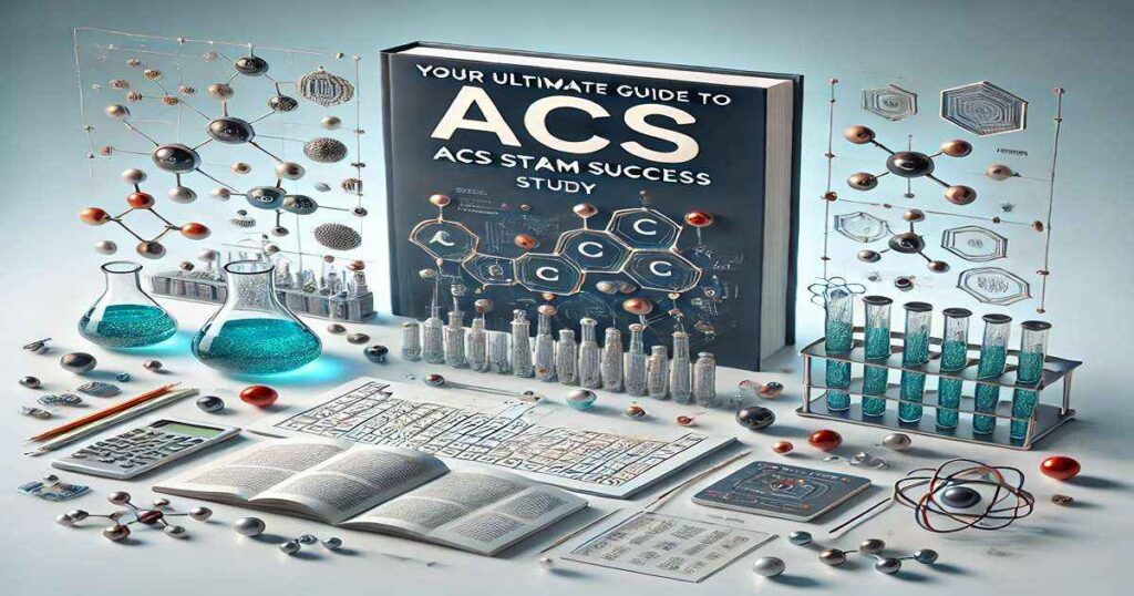 An educational visual summarizing the ACS Study Guide, featuring molecules, a periodic table, lab equipment like beakers and test tubes, and books on a clean desk with a gradient background transitioning from white to soft blue. The text "Your Ultimate Guide to ACS Exam Success" is prominently displayed in a professional and inviting font.