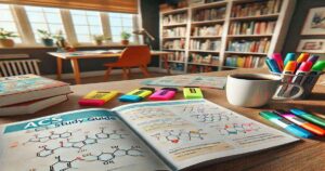 A study desk featuring the ACS Study Guide, with a calculator, notebook, colorful pens, and molecular models. A student is focused on studying in the background, creating an educational and motivational atmosphere.