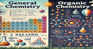 Split-screen educational image showcasing General Chemistry and Organic Chemistry topics from the ACS Study Guide. Includes visuals of a periodic table, gas laws, reaction mechanisms, and spectroscopy examples.