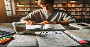 A male student studying the ACS Study Guide at a desk with chemistry-related items like a periodic table, molecular models, and flasks, in a quiet and well-lit room.