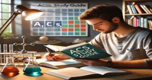 A study desk setup with an open ACS Study Guide, colorful flashcards, highlighters, and a coffee mug in a cozy study space, ideal for chemistry exam preparation.