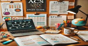 A confident student studying with the ACS Study Guide open on a study desk, surrounded by minimal resources like a notebook and a pen. A clock is visible in the background, indicating time management in a well-organized study environment.