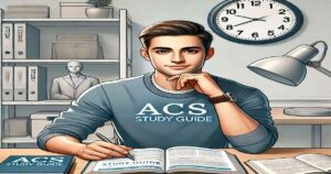 A study table featuring an ACS Study Guide, notebook, calculator, and molecular model, set in a cozy study environment with warm lighting and chemistry charts in the background.