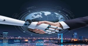 A futuristic vision of artificial intelligence collaborating with humans to solve global challenges. 