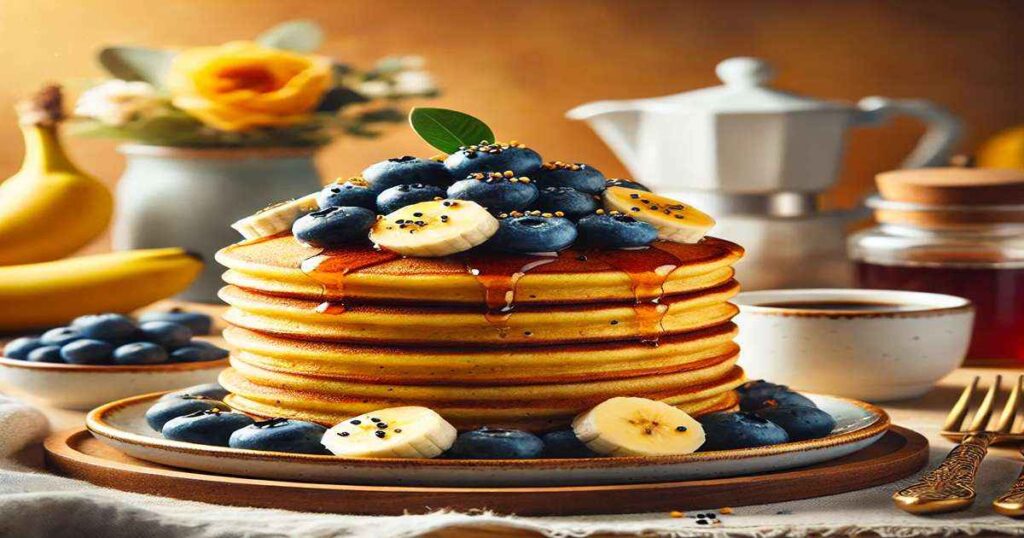 A stack of healthy pancakes with fresh fruits and honey drizzle.