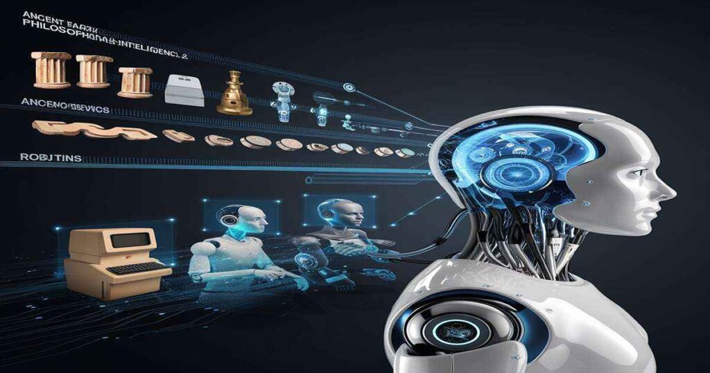 History of Artificial Intelligence timeline showcasing its evolution from philosophy to modern applications.