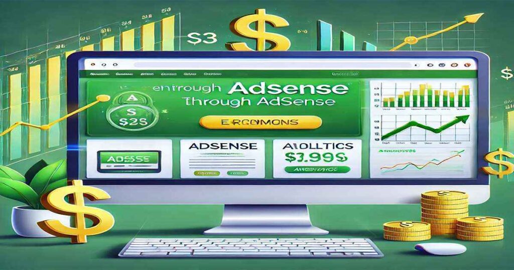 Illustration of earning money through Google AdSense with a website and analytics charts.