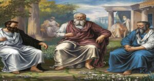 Representation of ancient philosophers like Aristotle discussing logical reasoning, a foundation of AI. 
