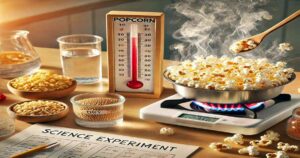 An educational setup for a science fair experiment demonstrating popcorn popping, featuring dry and water-soaked kernels, a thermometer, a stove with a pan of popcorn, and other materials.